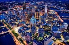 Aerial Shot Of The Night Pittsburgh Cityscape In Pennsylvania