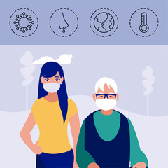 Sticker - woman and old man with icons of coronavirus symptoms