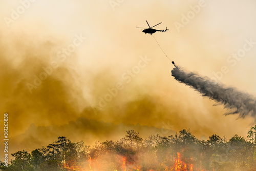 Fotografía Silhouette firefithing helicopter dumps water on forest fire