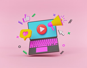 Wall Mural - laptop and colorful graphic elements. business advertising and promotion concept. 3d rendering