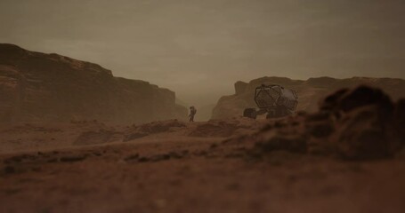 Wall Mural - astronaut walking near planet rover vehicle on a surface of a red rocky planet. mars colonization co