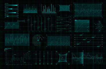 Set of HUD infographic elements. Sci-fi charts and diagrams for futuristic user interface and GUI. Big data analytics theme. FUI virtual graphics. Editable stroke. Vector