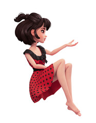 Romantic brunette young asian woman with big brown eyes floating in the air. Beautiful cute cartoon girl in red dress with black polka dots sitting in the air. 3d render isolated on white backdrop