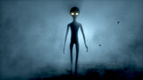 Scary gray alien walks and looks blinking on a dark smoky background. UFO futuristic concept. 3D rendering.