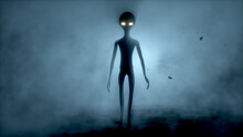 Scary Gray Alien Walks And Looks Blinking On A Dark Smoky Background. UFO Futuristic Concept. 3D Rendering.