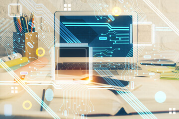 multi exposure of desktop computer and technology theme hologram. concept of software development.
