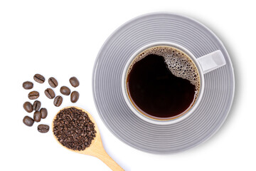 Wall Mural - Closeup gray ceramics cup of hot black coffee and instant granular coffee with coffee beans isolated on white background. Top view. Flat lay