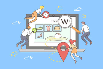 teamwork, web development concept. team of young men women programmers cartoon characters coding dev