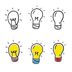 Canvas Print - Light bulb vector draw in doodle style with colorful and black option isolated on white background 