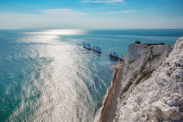 Late summer evening at the Needles.Beautiful landscape from The Needles Isle of Wight,one of the most romantic and iconic places in England,Needles park Isle of Wight