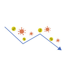 Vector Illustration Of The Coronavirus Or COVID-19 Of The Global Economic Impact, The Graph Shows The Economy Graph Down Because Of The Coronavirus. Pandemic Economic Downturn Concept