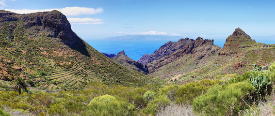 Canvas Print - Breathtaking landscape in road to Masca with La Gomera island at background in Tenerife island, Spain