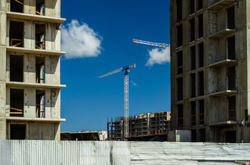 Monolithic construction. Metal-concrete frame of the building. Front works. Construction of modern housing. Residential cosplex Captain's Harbor, St. Petersburg, Russia, 06.24.2020