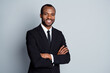 © deagreez - Portrait of smart afro american man leader investor cross hands ready decide solution wear jacket isolated over gray color background