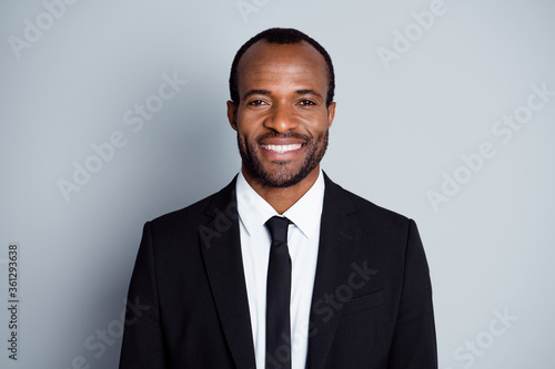Portrait of positive intelligent afro american economist lawyer man look good mood ready decide choose decision choice solution in gray color background