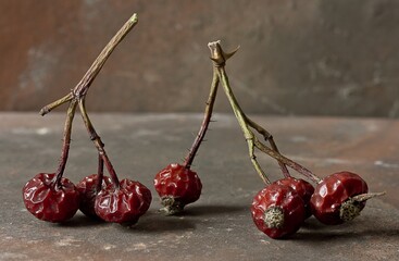 Closeup shot of dry rosehips on a wooden surface