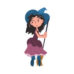 Sticker - Lovely Girl Witch Standing with Broom, Cute Halloween Cartoon Character Vector Illustration