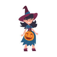 Sticker - Girl Witch Standing with Bag Made of Pumpkin Wearing Dress and Hat, Cute Halloween Cartoon Character Vector Illustration