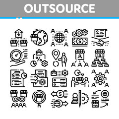 Sticker - Outsource Management Collection Icons Set Vector. Outsource Team And World Business Process, Agreement Document And Job Payment Concept Linear Pictograms. Monochrome Contour Illustrations