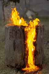 Wall Mural - Vertical image of a burning log creating a fiery background