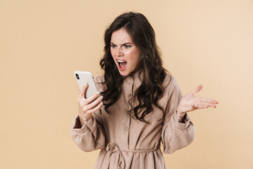 Sticker - Image of angry attractive woman screaming and using cellphone