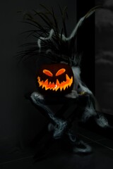 Sticker - Illuminated Halloween pumpkin with a carved angry face