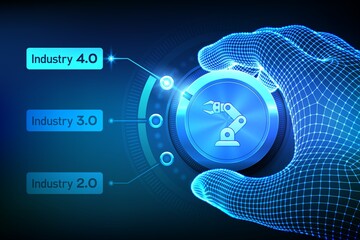 Wall Mural - Smart Industry 4.0 concept. Industrial revolutions steps. Wireframe hand turning a knob and selecting industry 4.0 mode. Factory automation. Autonomous industrial technology. Vector illustration.