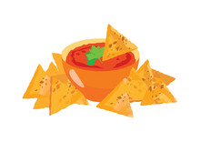 Mexican Nachos Corn Tortilla With Tomato Salsa Sauce Icon Vector. Nachos Icon Isolated On A White Background. Nacho Chips Vector. Traditional Mexican Sauce With Corn Nachos Icon Vector