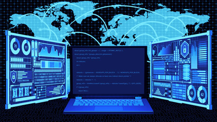 8K 3D Rendered Laptop with Coding on screen and Futuristic HUD on World map connection background in Hacking/Programming connects the world concept