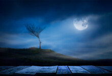 A Halloween Spooky Lone Bare Branch Tree In An Isolated Moors Landscape At Night With A Full Moon And Clouds In A Blue Winter Night Sky With A Wooden Table, Bench For Product Placement.
