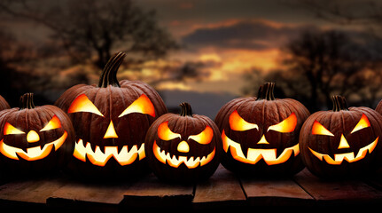 Wall Mural - five spooky halloween pumpkin, jack o lantern, with an evil face and eyes on a wooden bench, table w