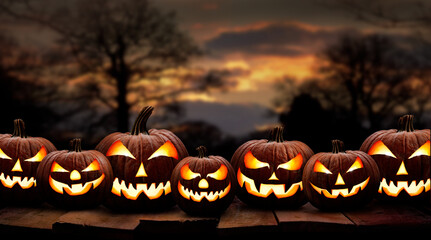 Seven spooky halloween pumpkin, Jack O Lantern, with an evil face and eyes on a wooden bench, table with a sunset, night background.