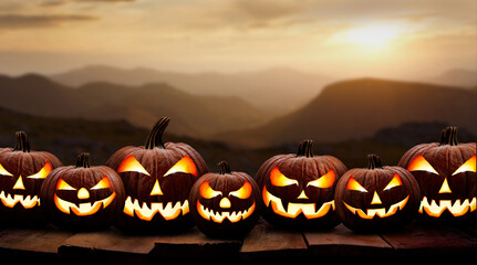 Wall Mural - seven spooky halloween pumpkin, jack o lantern, with an evil face and eyes on a wooden bench, table 