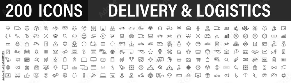 Set of 200 Delivery and logistics web icons in line style. Courier, shipping, express delivery, tracking order, support, business. Vector illustration. - obrazy, fototapety, plakaty 