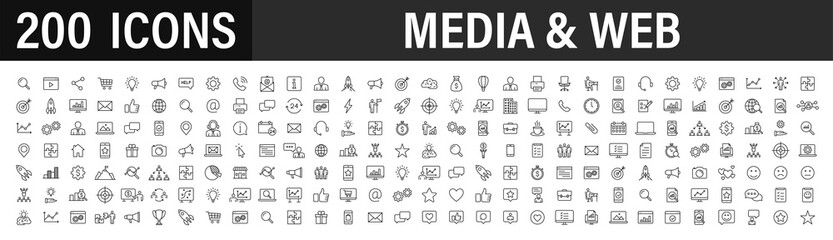Wall Mural - Set of 200 Media and Web icons in line style. Data analytics, Digital marketing, Management, Message, Phone. Vector illustration.