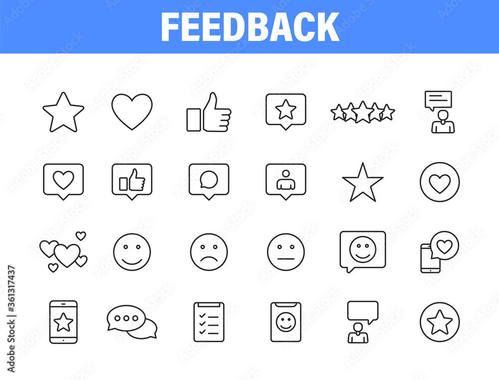 Set of 24 Feedback and Review icons in line style. Star Rating, Emotion ...