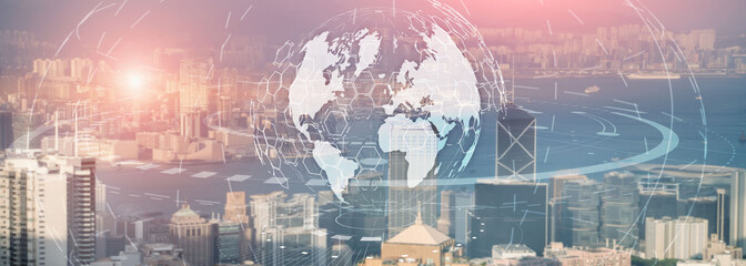 Wall Mural - Globe Global business technology concept of modern city background. Website header.