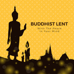 Buddhist lent day with silhouette Buddha standing , candle light and temple on yellow flower cross texture background vector design