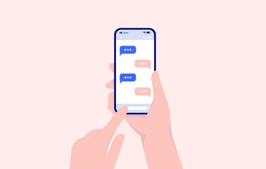 Fototapete - Texting - Person sending text messages on smartphone. Phone in right hand, and writing with left hand. Vector illustration.