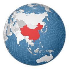 Wall Mural - Globe centered to China. Country highlighted with green color on world map. Satellite world projection. Beautiful vector illustration.