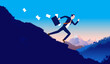 Escape work - Businessman running away from office down hill in high speed. Escaping problems, downhill business and avoiding problems concept. Vector illustration. 