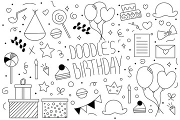 Doodle birthday isolated on white background