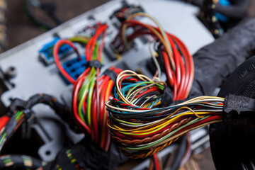 Canvas Print - Close-up of a large cable of a coil of wires of different colors of colorful shades intertwined and connected by black insulation. Internet wiring of an electrical network providing work at home.