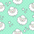 Seamless children's pattern with cartoon sheep on turquoise background with stars. Vector illustration. Polka dot background.