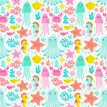Seamless Pattern With Octopus, Seahorse, Crab, Jellyfish, Starfish, Corals And Fish. Vector Illustration With Cute Sea Life.