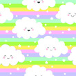 Seamless pattern with pretty smiling clouds on a rainbow background with stars. Vector illustration.