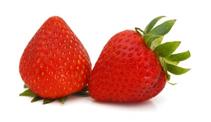 Two strawberry isolated on a white background, macro image