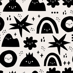 Hand drawn various Shapes and Doodle objects. Abstract contemporary modern trendy Vector illustration. Repeating Seamless Pattern. Background, Wallpaper. Black monochrome concept. Dark theme