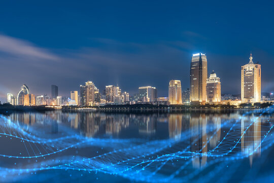 Wall Mural -  - Xiamen blue tone skyline synthesized by particle lines