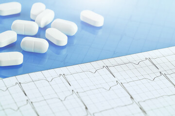 Wall Mural - Medical background. white capsule tablets pills on electrocardiograph recording. Cardio ECG heart rhythm. Healthcare pharmacy, medicine concept banner. copy space. Painkillers or prescription drugs